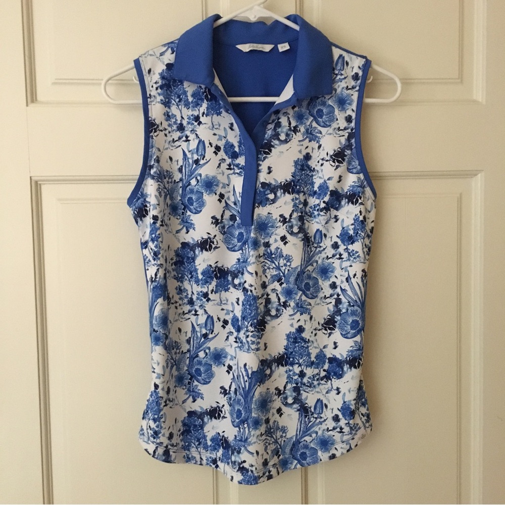 Lady Hagen (XS) Golf Shirt Sleeveless Blue White Floral Women’s Athleisure Top